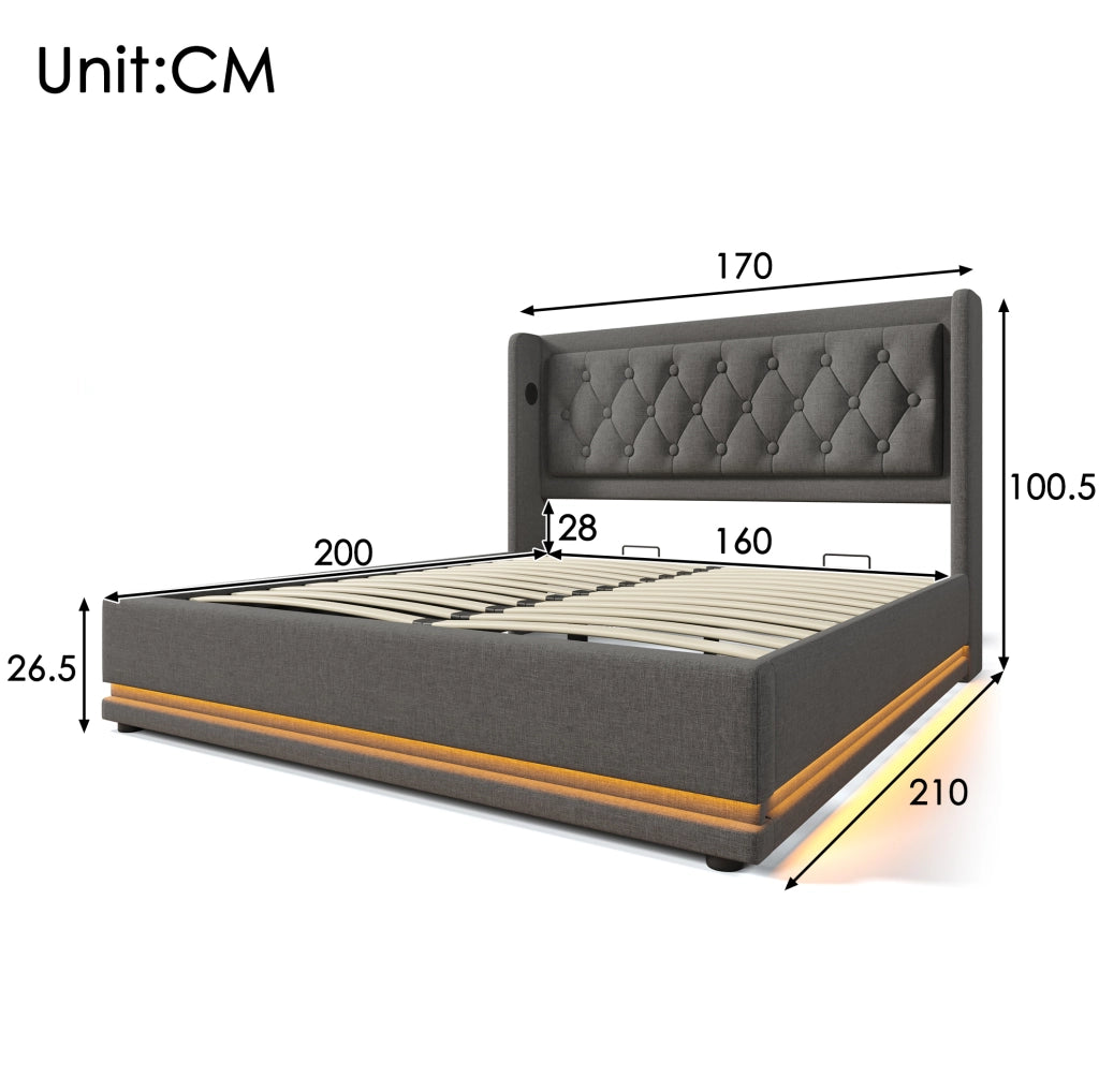 Letto matrimoniale imbottito 160x200 cm con contenitore, LED e ricarica USB-C