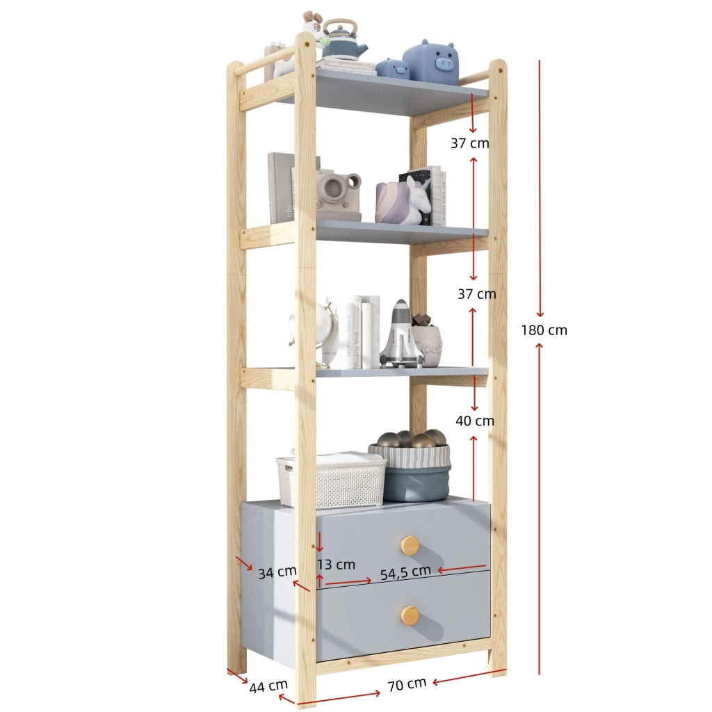 Libreria a 4 livelli con 2 cassetti, struttura in pino e maniglie in legno massello, blu e naturale, 70×44×180 cm