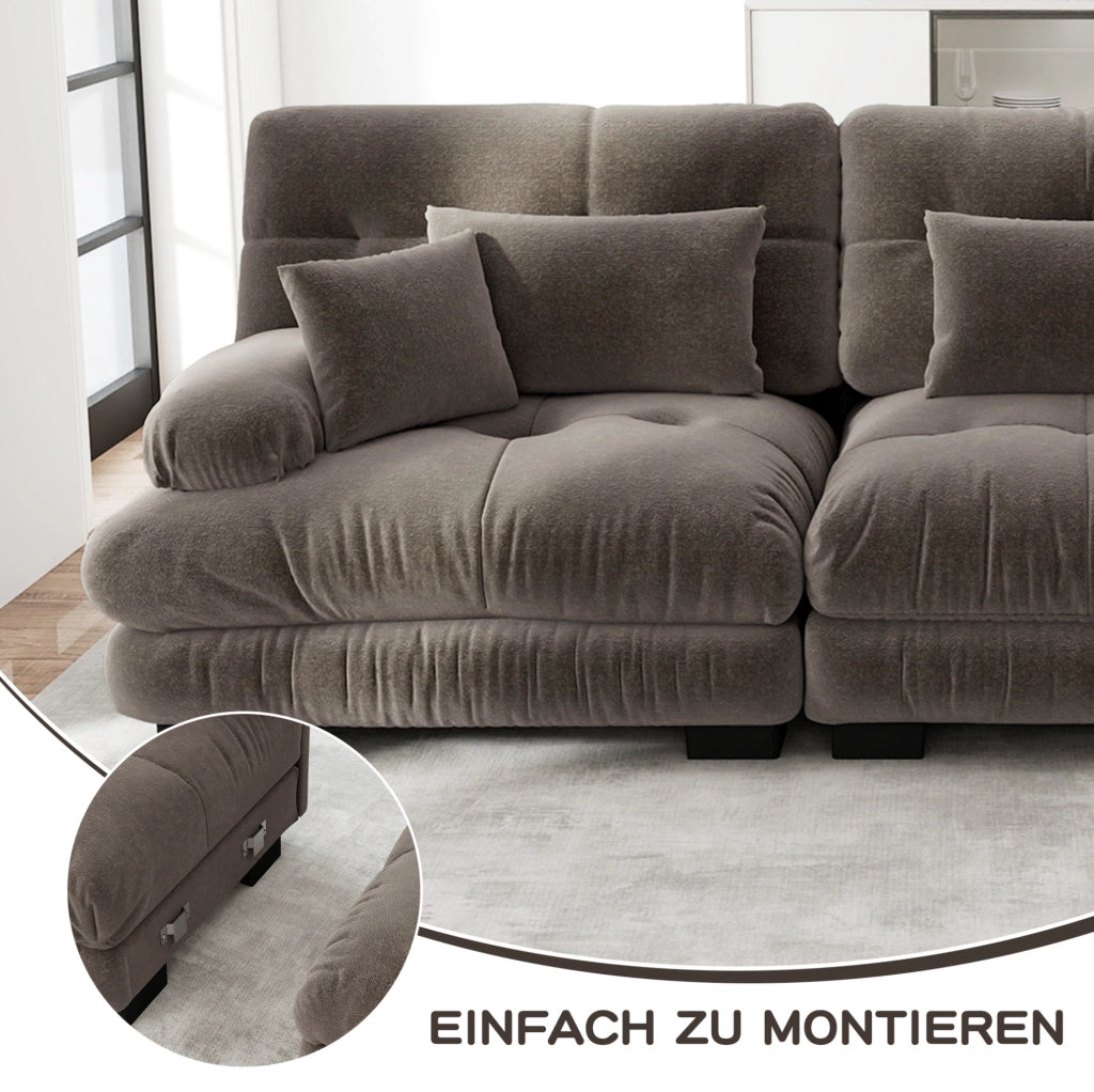 Set di divani modulari in ciniglia marrone con ottomane mobili