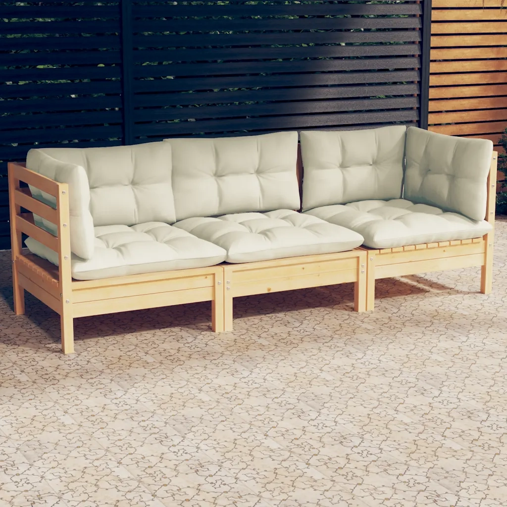 Divano da Giardino a 3 Posti con Cuscini-Sofa da Giardino-Divano da esterno Crema Massello di Pino