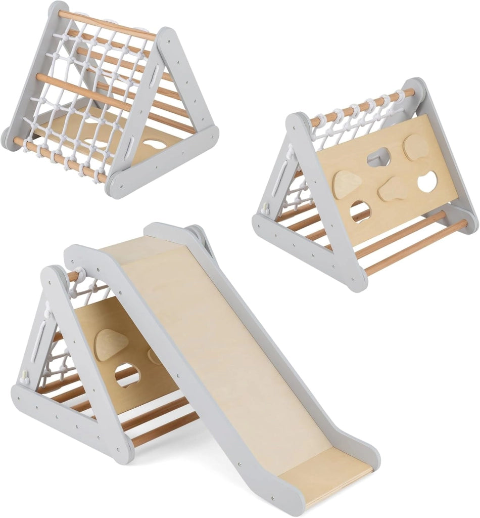 Set 4 in1 Arrampicata per Bambini, Arrampicata a Triangolo con Scivolo, Set di Arrampicata in Legno per Interni e Esterni con Rete di Arrampicata, Carico 50kg, 1 Anni+ (Grigio)