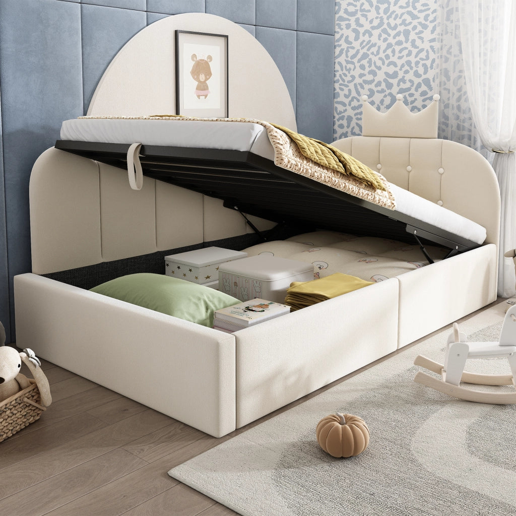 Letto contenitore 90 × 200 cm daybed a L con testiera imbottita in velluto e rete idraulica beige