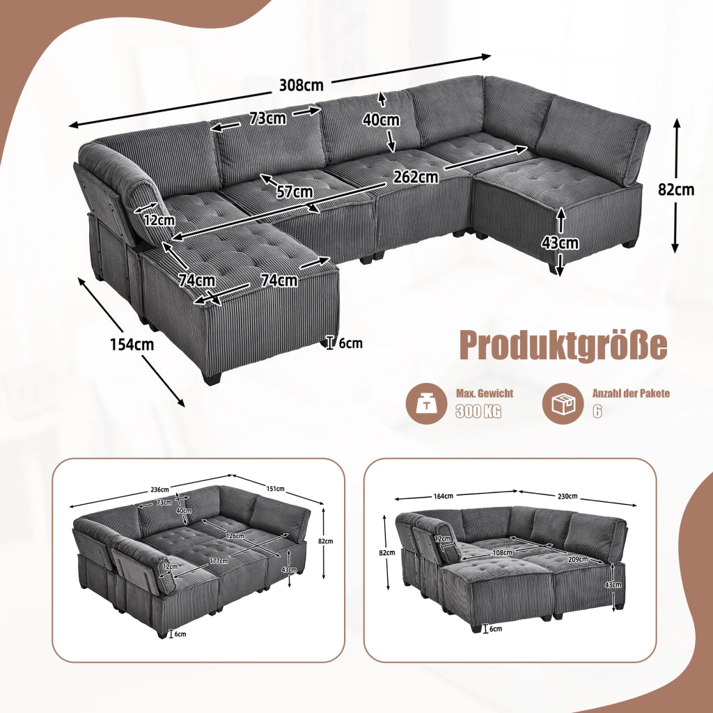 Divano modulare 6 posti in velluto a coste trasformabile in U L o letto con tasche laterali grigio