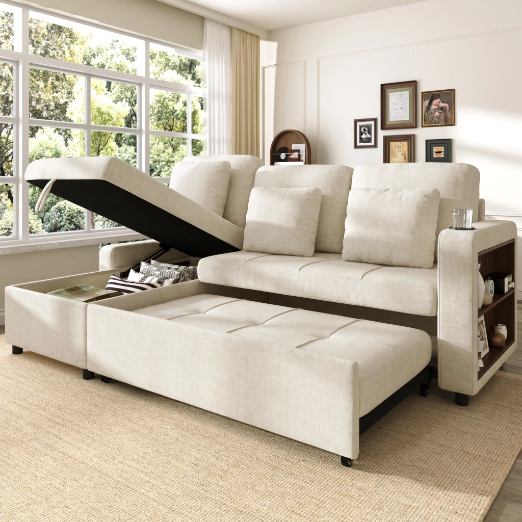 Divano letto 3 posti estraibile con vano contenitore, portabicchieri e ripiano in ciniglia beige chiaro