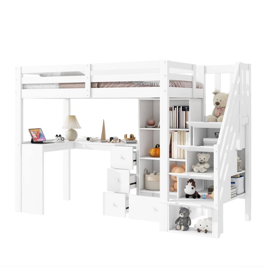 Letto a soppalco per bambini 90x200 cm bianco con scrivania, pino e MDF