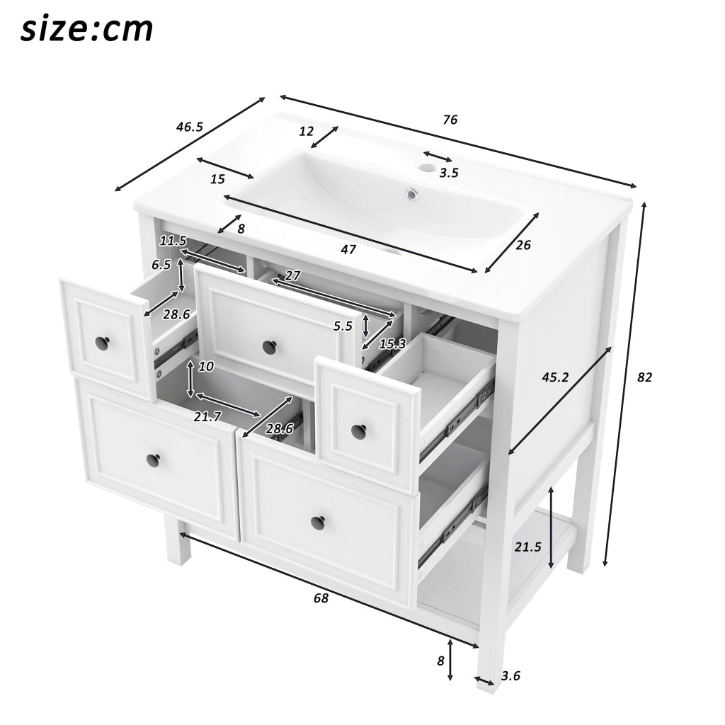 Mobiletto con lavabo a terra in ceramica e MDF con 5 cassetti vani aperti e troppo pieno bianco 76 × 46.5 × 82 cm