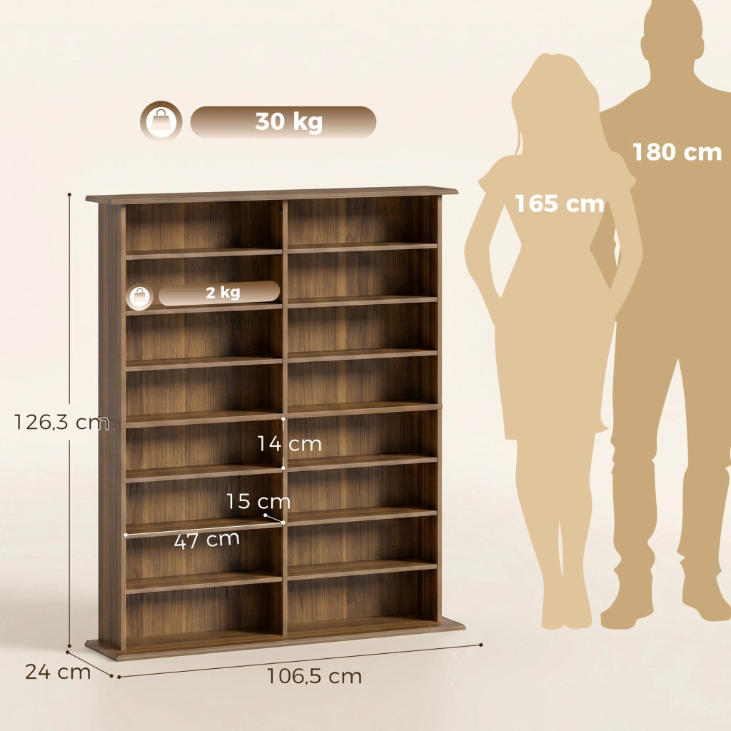 Mobile porta CD e DVD con 16 scomparti e 12 ripiani regolabili, scaffale salvaspazio per 720 CD o 396 DVD, noce