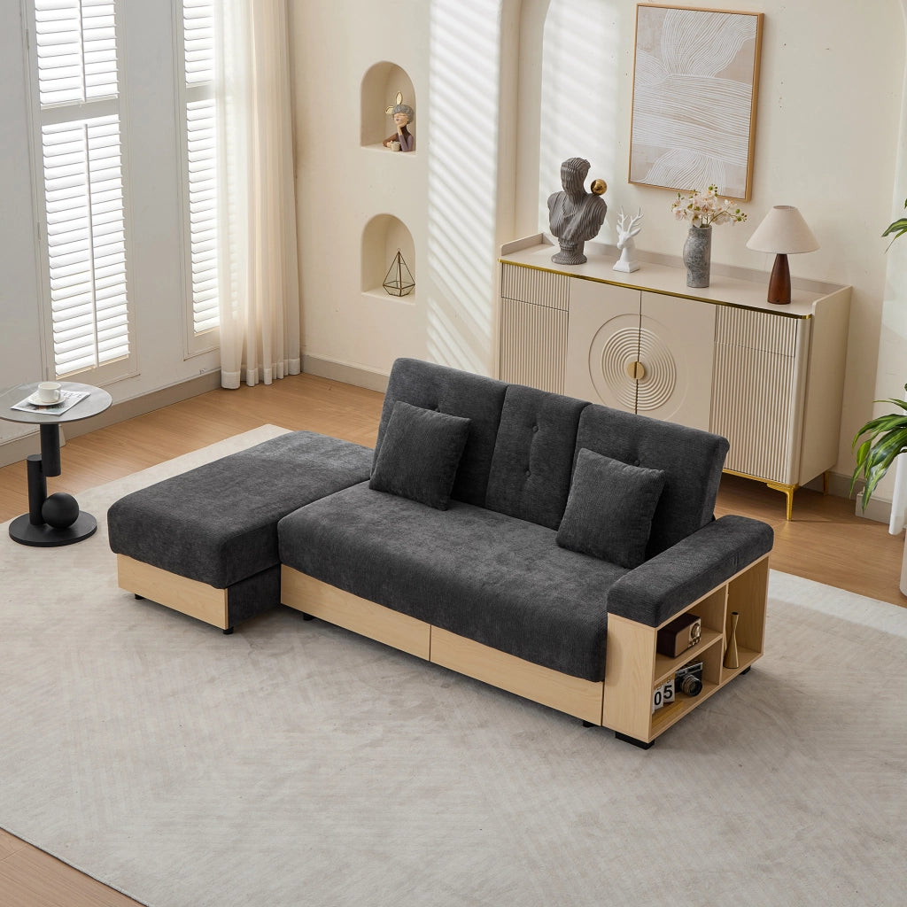 Divano letto grigio in chenille con contenitore e schienale regolabile