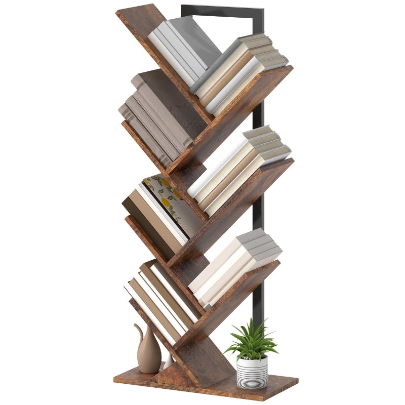 Libreria ad albero stretta con 7 ripiani in legno e struttura in acciaio marrone rustico 50 × 24 × 109 cm