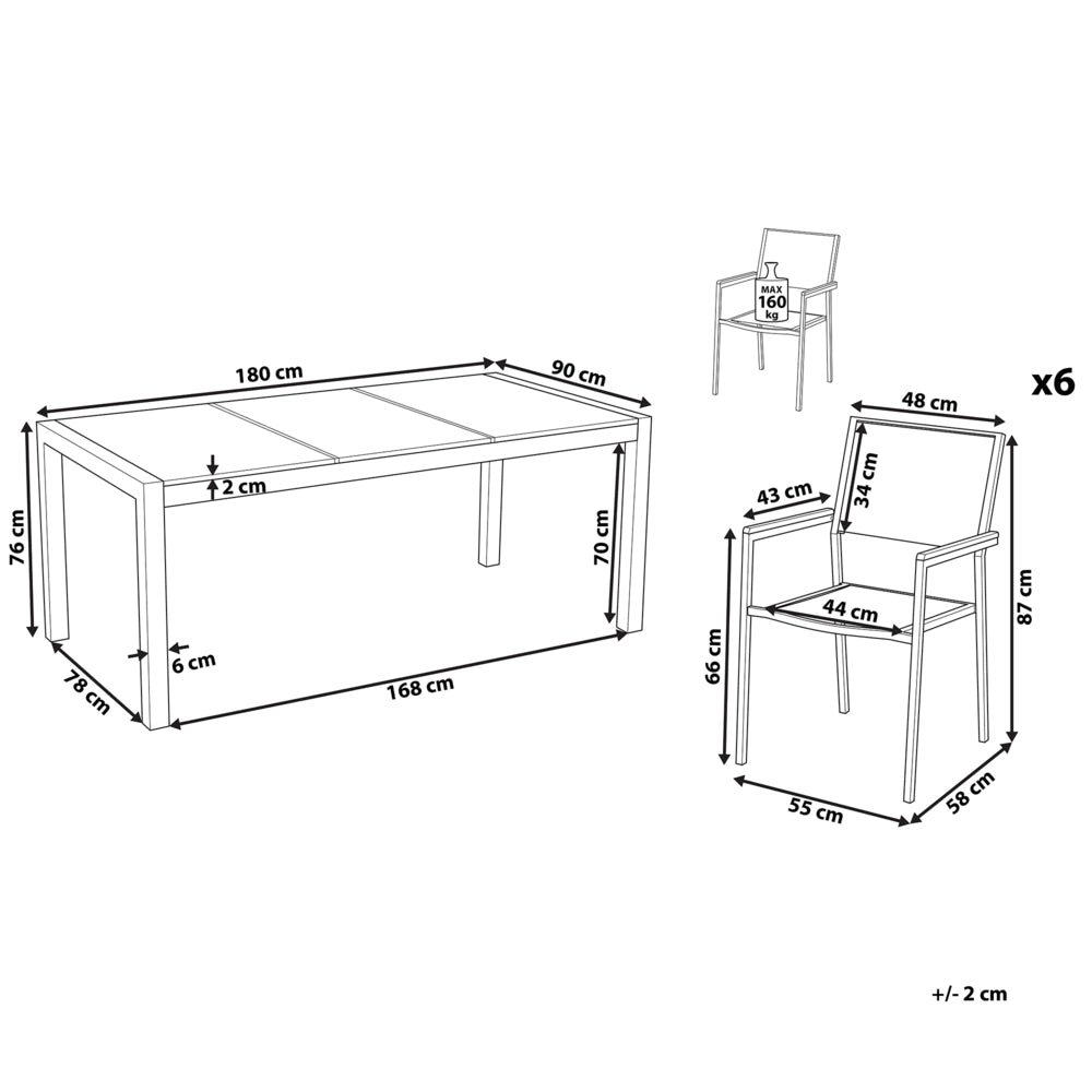 Set da Giardino Tavolo Piano Granito Grigio 6 Sedie Beige 180 x 90 cm