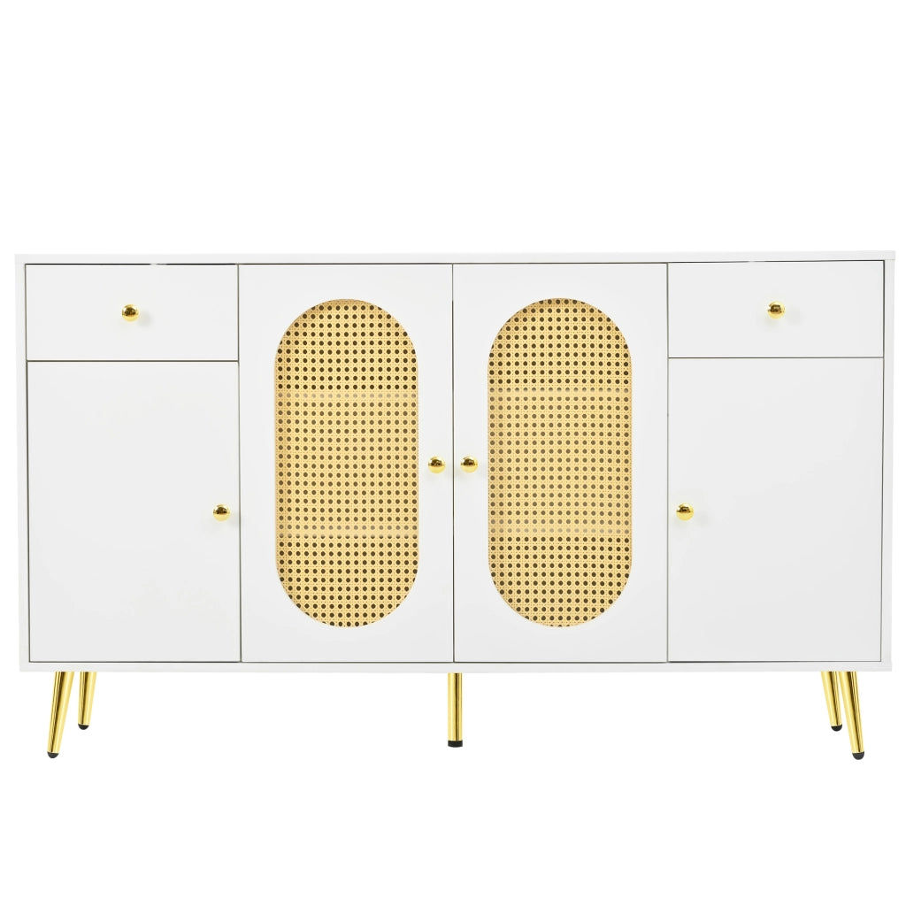 Credenza con 4 ante, 2 cassetti e ripiani regolabili per soggiorno, in truciolare bianco e naturale, 140 × 35 × 82 cm