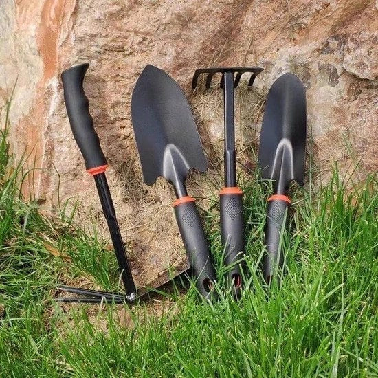 Set di attrezzi da giardino, acciaio di carbonio, set di attrezzi da giardino con accendino erbacce, punte doppie, manico di scopa, piccola gomma, rastrello per fiori, vanga per piante e cura del giardino