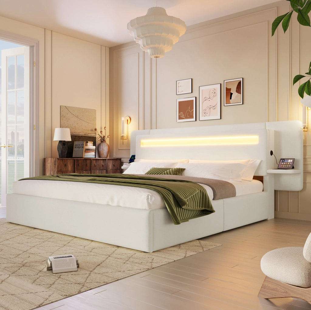 Letto Matrimoniale Imbottito con Contenitore Idraulico Comodino LED e USB 180 x 200 cm Beige - senza Materasso