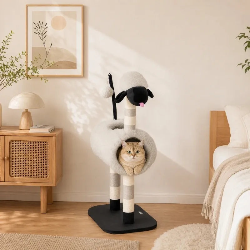 Albero tiragraffi per gatti design pecora, 98 cm, grigio chiaro, con palo tiragraffi, tunnel e giocattoli