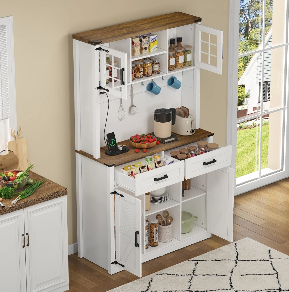 Mobile bar rustico con illuminazione LED regolabile, 2 ampi cassetti e ripiani regolabili, buffet da cucina bianco con design a porta da fienile