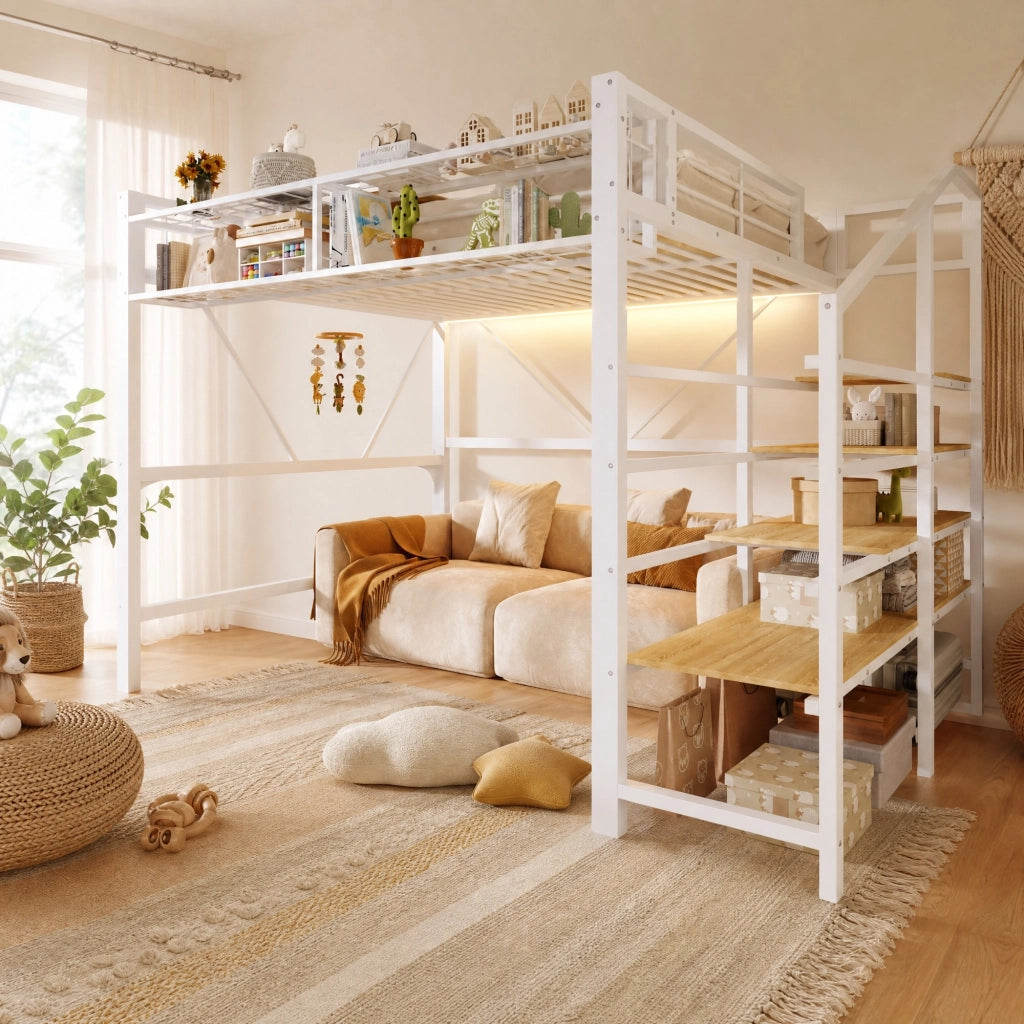 Hochbett 140x200 cm in metallo e MDF, con scala a ripiani, rete a griglia, contenitore e LED, bianco