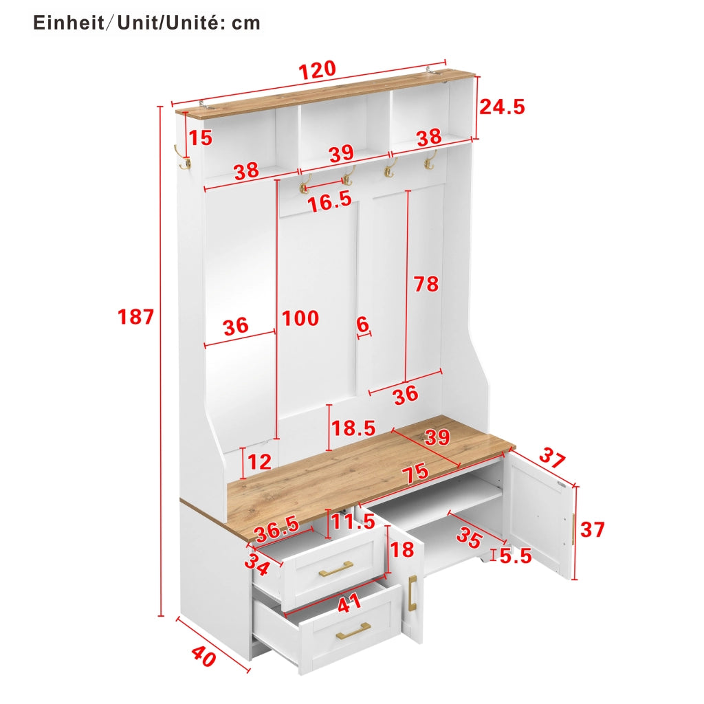Mobile da Ingresso con 2 Ante; 2 Cassetti; Specchio; Ganci e LED per Corridoio in MDF 120 x 40 x 187 cm