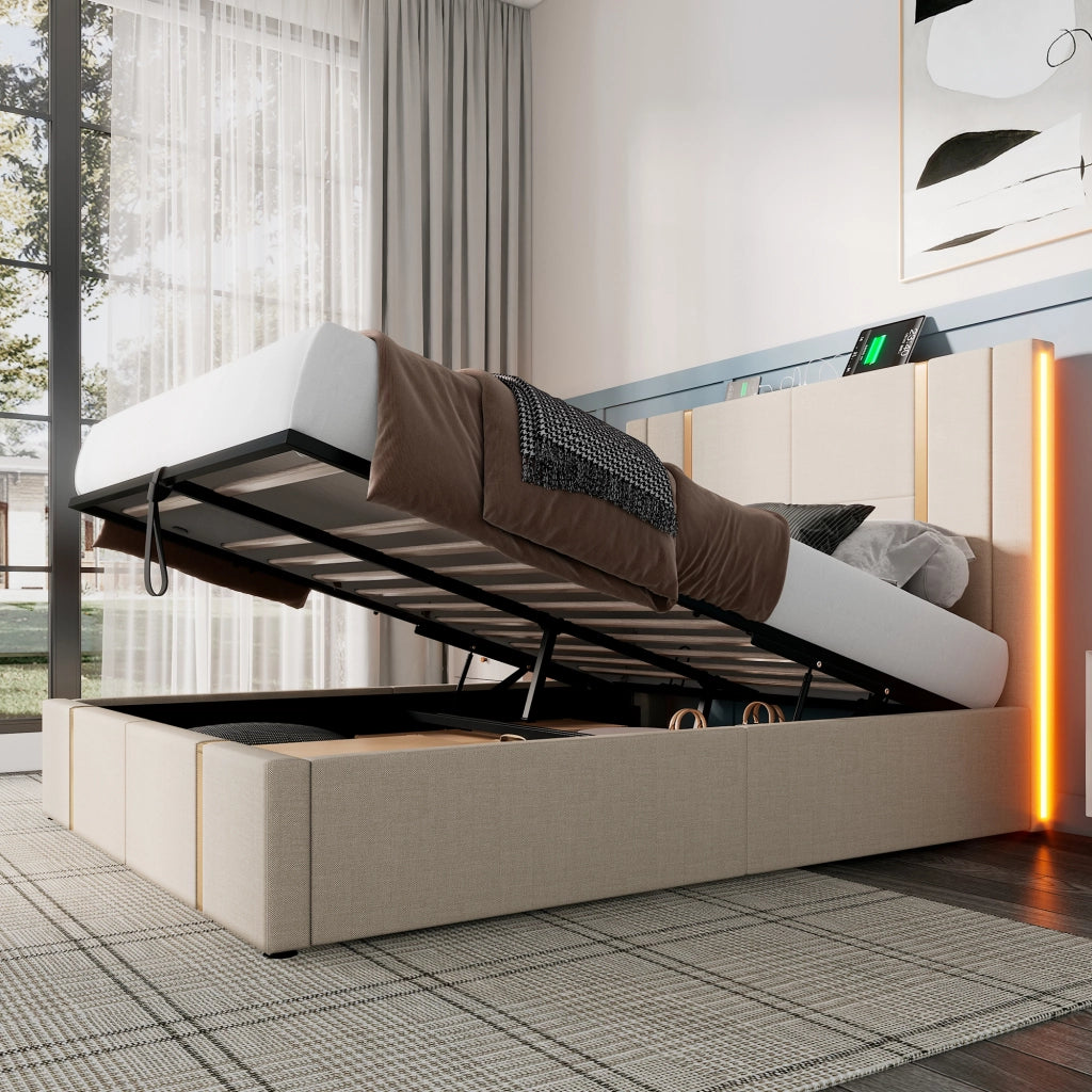 Letto contenitore 140 × 200 cm con testiera imbottita USB Type-C LED RGB e rete a doghe in legno beige