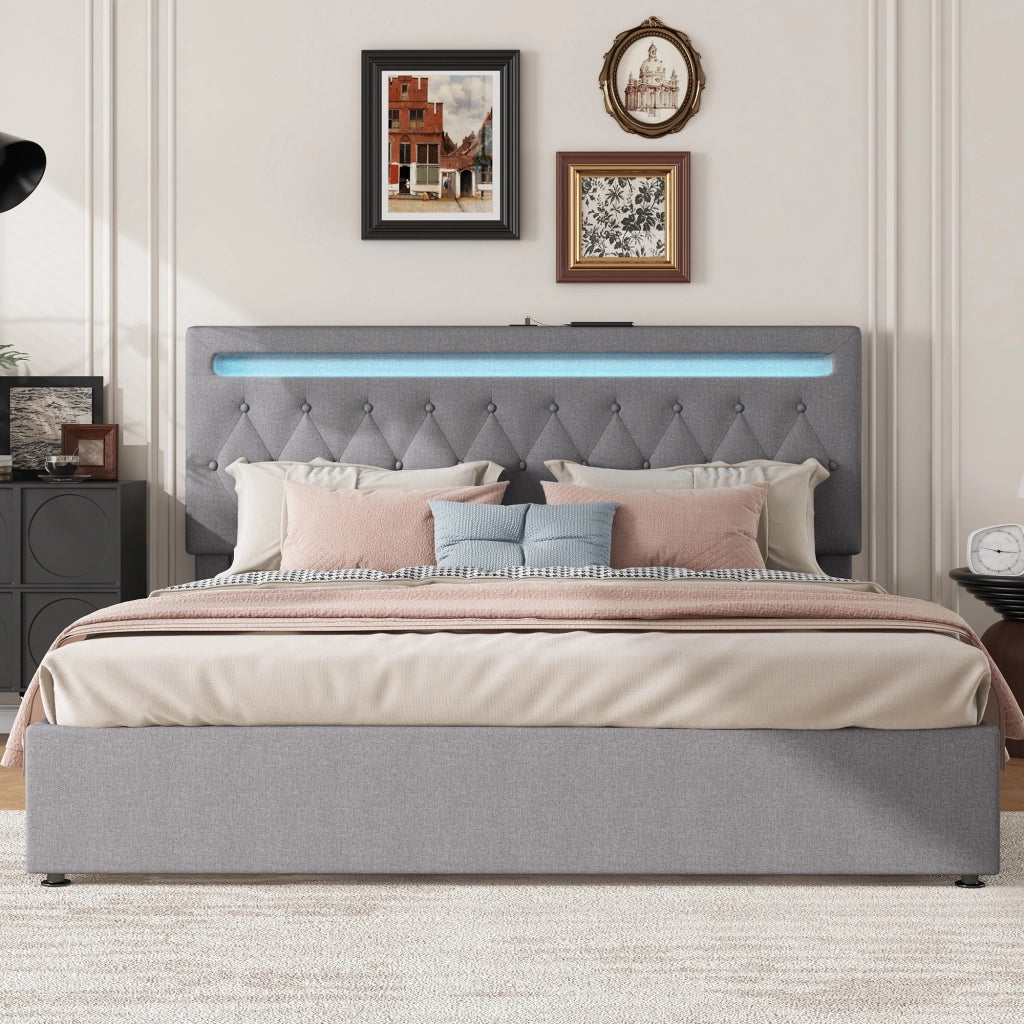 Letto contenitore 180 × 200 cm con sollevamento idraulico LED e porta USB in lino e MDF grigio