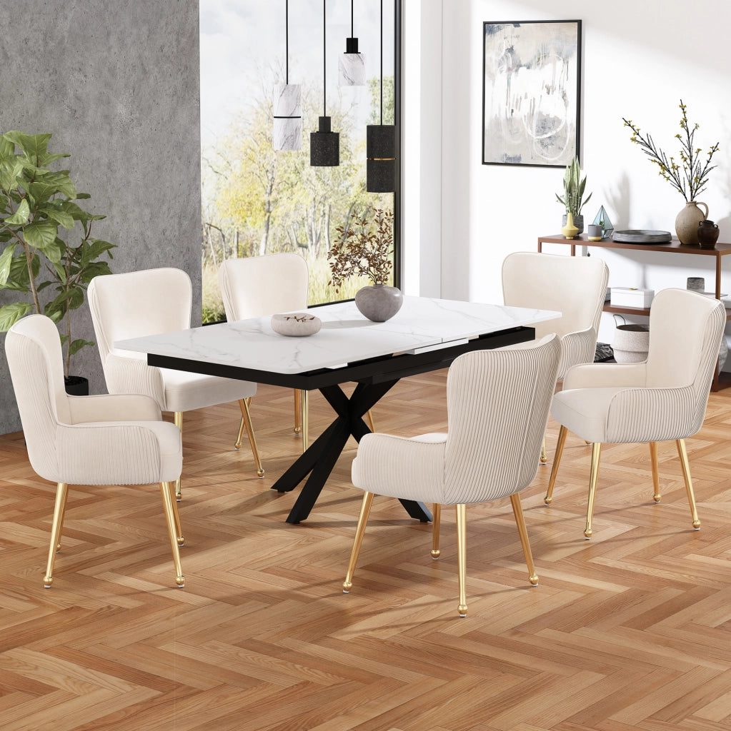 Set di 2 Sedie da Pranzo in Velluto Beige con Gambe Metalliche Dorate Regolabili e Braccioli
