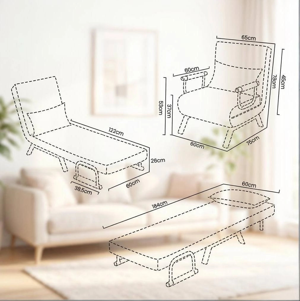 Poltrona Letto Pieghevole con Schienale Regolabile e Struttura in Metallo, 3 in 1 Divano, Poltrona e Letto, 65x78x75 cm