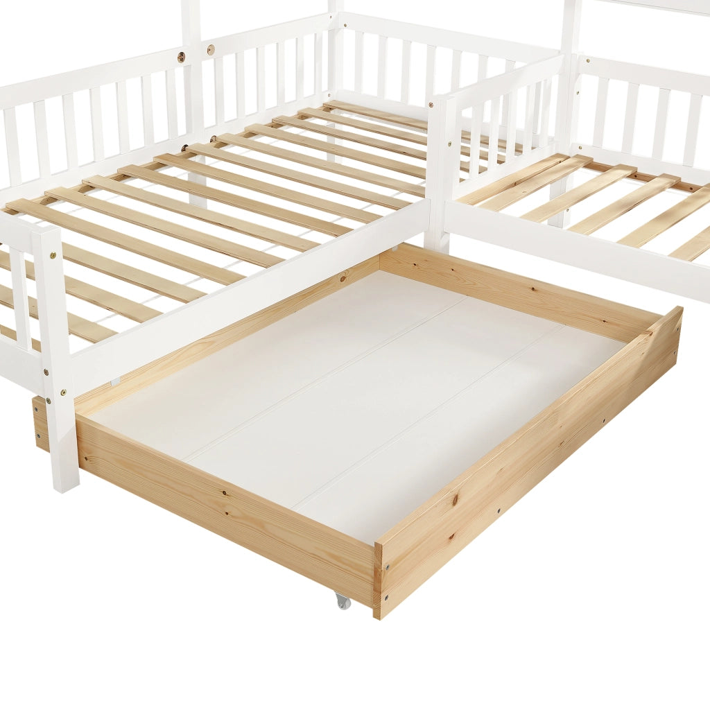 Letto a casetta per bambini in legno con cassetti e ripiani, bianco, 200x90 cm + 140x70 cm