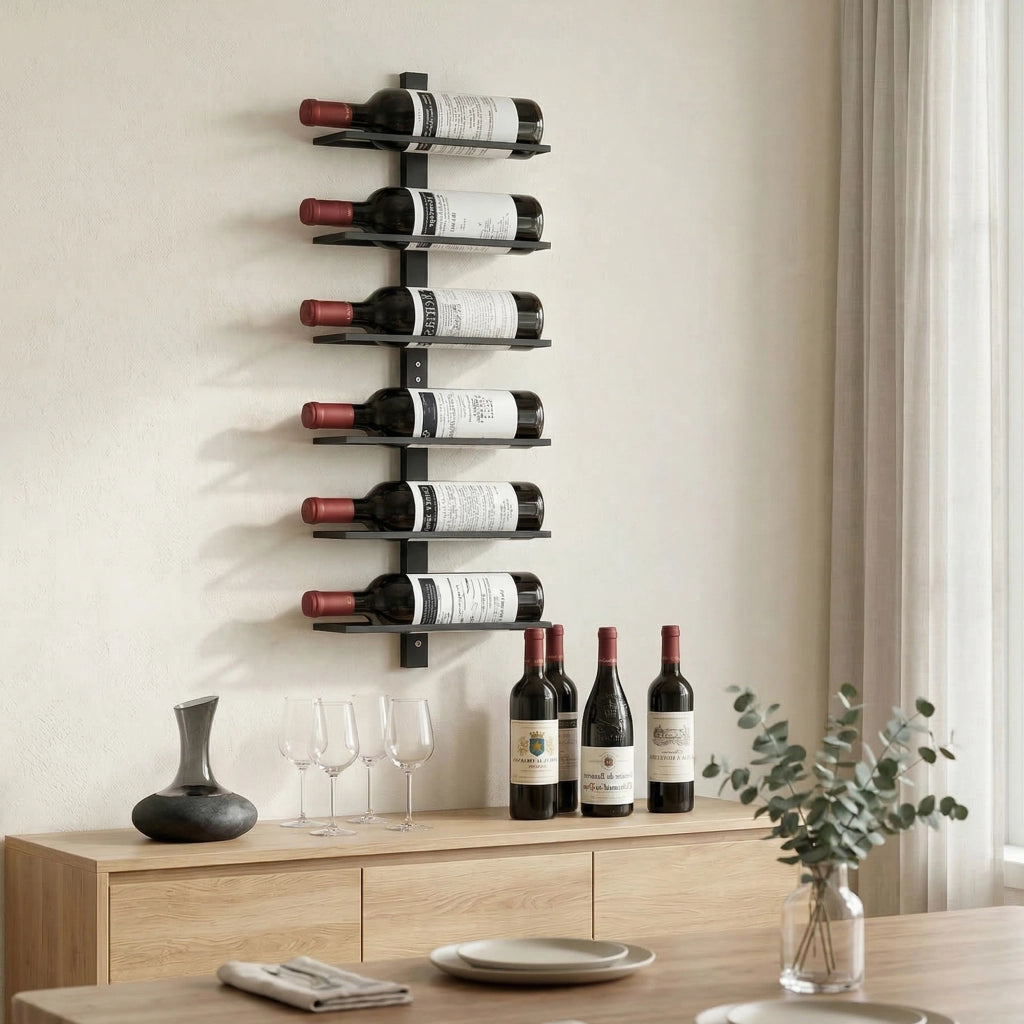 Weinregal, Wandregal für 6 Flaschen Wein, 6 Ebenen, Stahlrohr, für Küche, Wohnzimmer, Hausbar, Schwarz