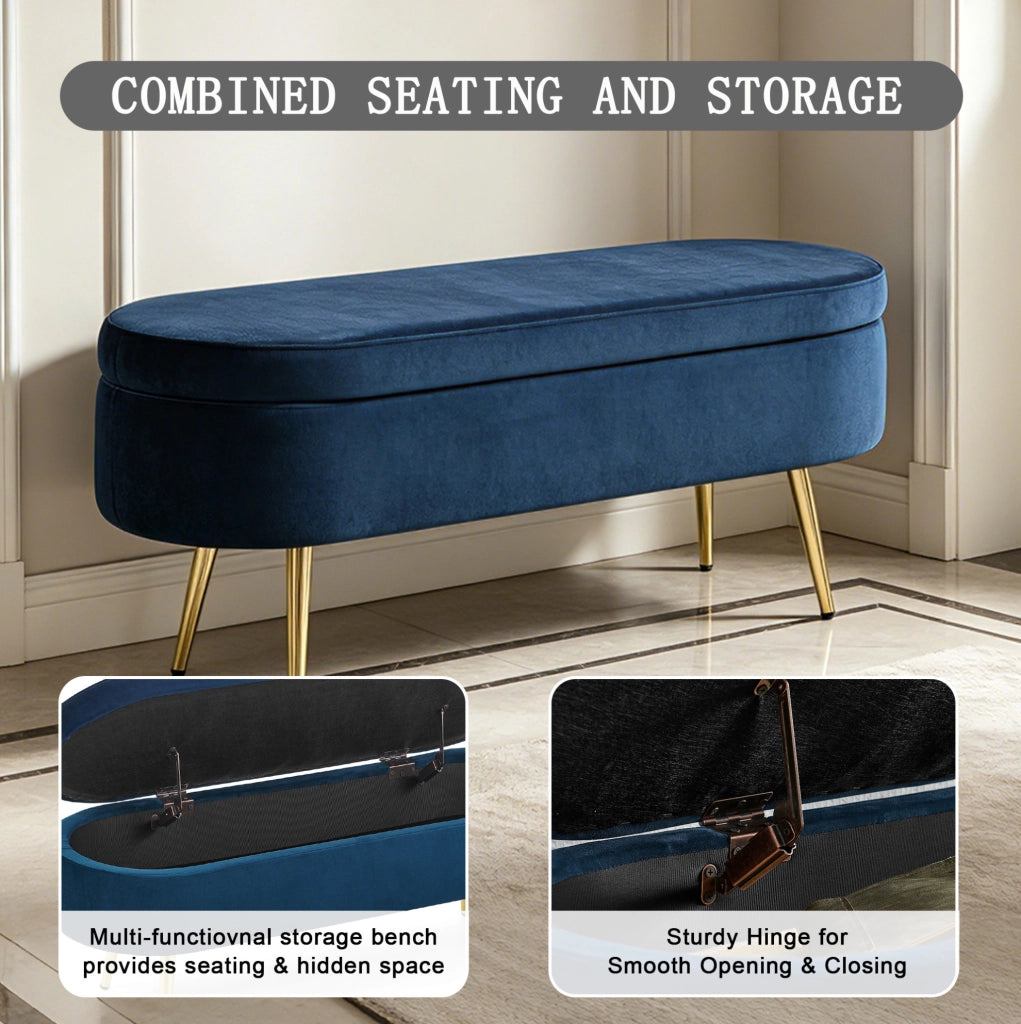 Panca contenitore in velluto blu con struttura in legno massello e gambe in metallo, 110x40x42 cm, 20L di spazio, per soggiorno, camera da letto o ingresso