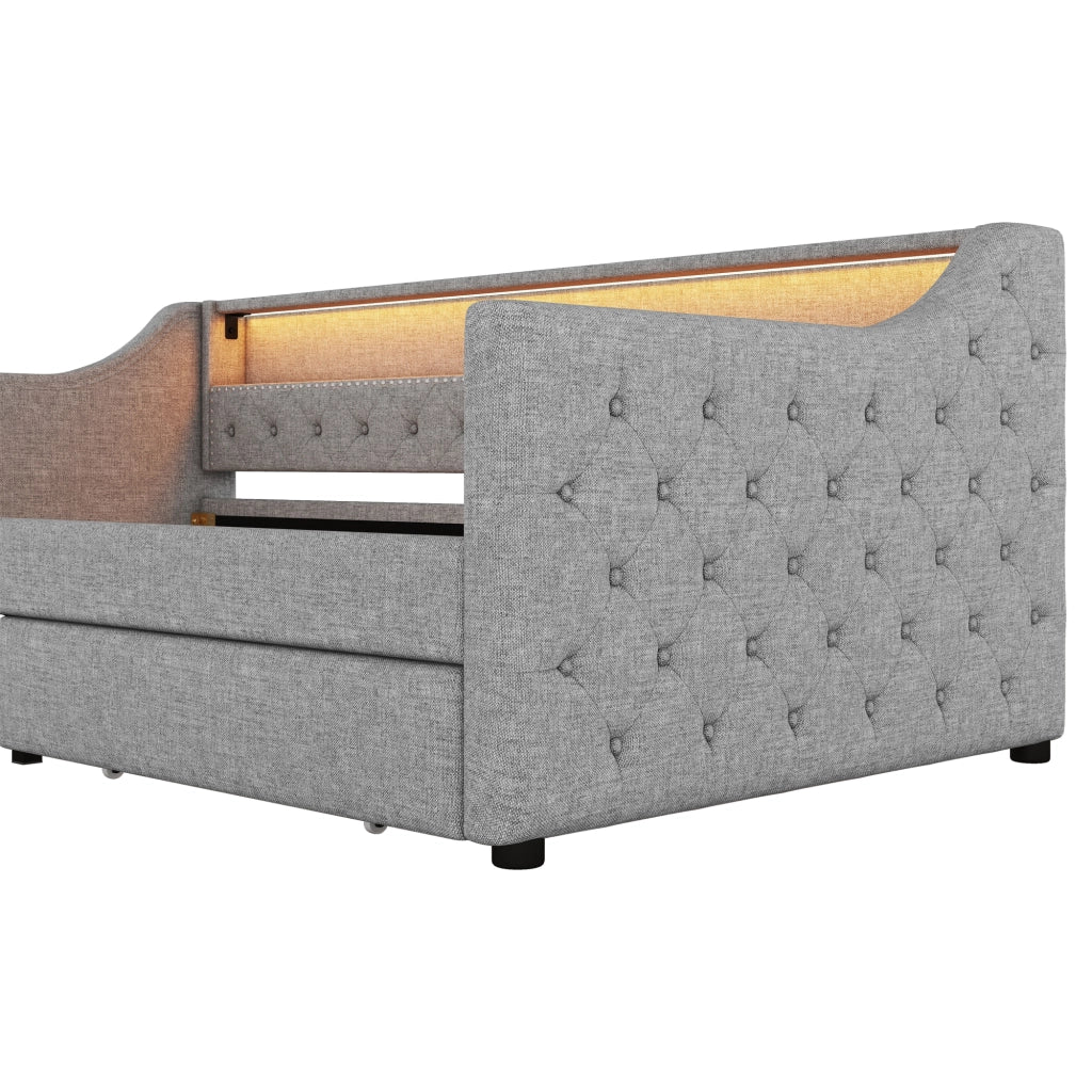 Letto divano singolo 90 × 200 cm con 2 cassetti; USB e LED regolabile; senza materasso; in lino; grigio