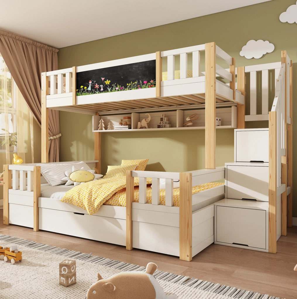 Letto a castello per 3 bambini con lavagna, scala contenitore e cassetti
