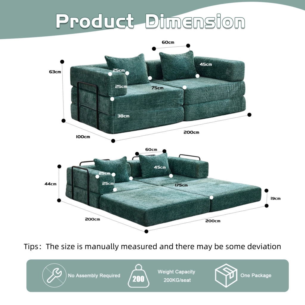 Divano letto 200x100x63 cm in ciniglia verde scuro, senza montaggio,