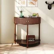 Consolle mezzaluna con motivo 3D ondulato, decoro legno noce MDF laccato UV, gambe in massello, 2 cassetti e ripiano inferiore
