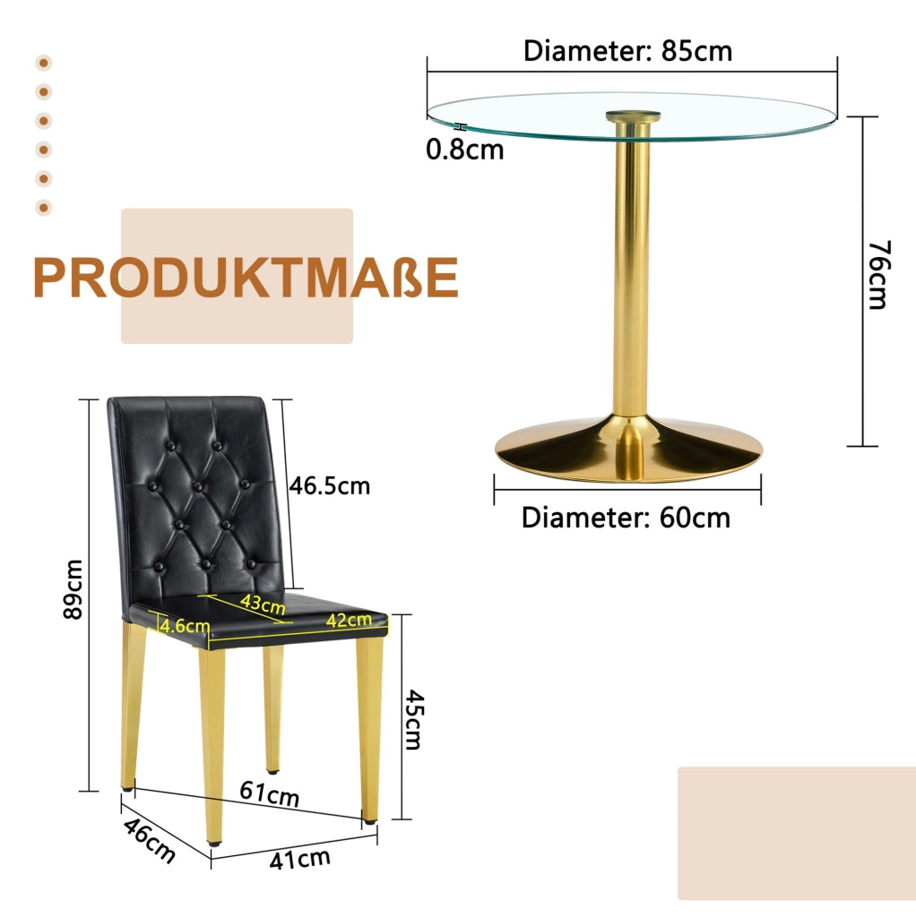 Set da pranzo moderno con tavolo rotondo in vetro temperato da 85 cm e 4 sedie nere con dettagli dorati