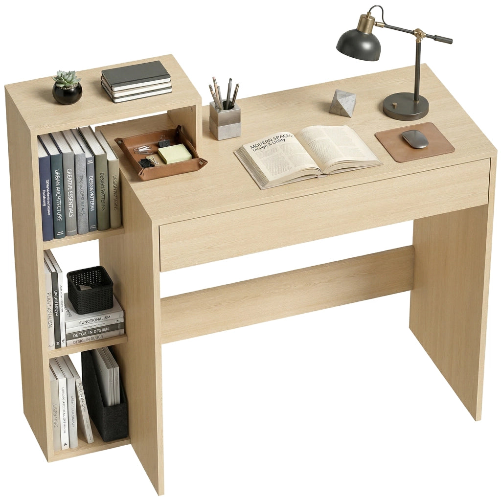Scrivania PC Moderna con 3 Ripiani Aperti e Cassetto, in Legno, Color Legno, 100x40x90 cm