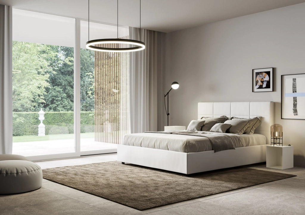 BS COM Letto queen size senza rete imbottito 150x200 similpelle bianco