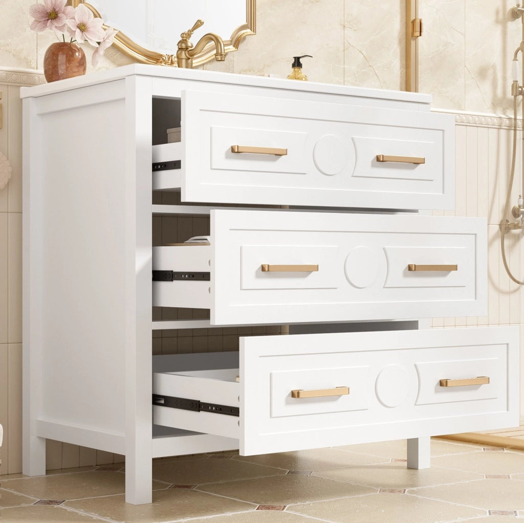 Mobile bagno bianco 76,5 x 47 x 82 cm con lavabo in ceramica integrato e 3 cassetti silenziosi