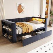Divano letto 90 x 190 cm, letto singolo con illuminazione LED, porte USB, 2 cassetti spazioso, tessuto flanella grigio scuro, rete a doghe inclusa