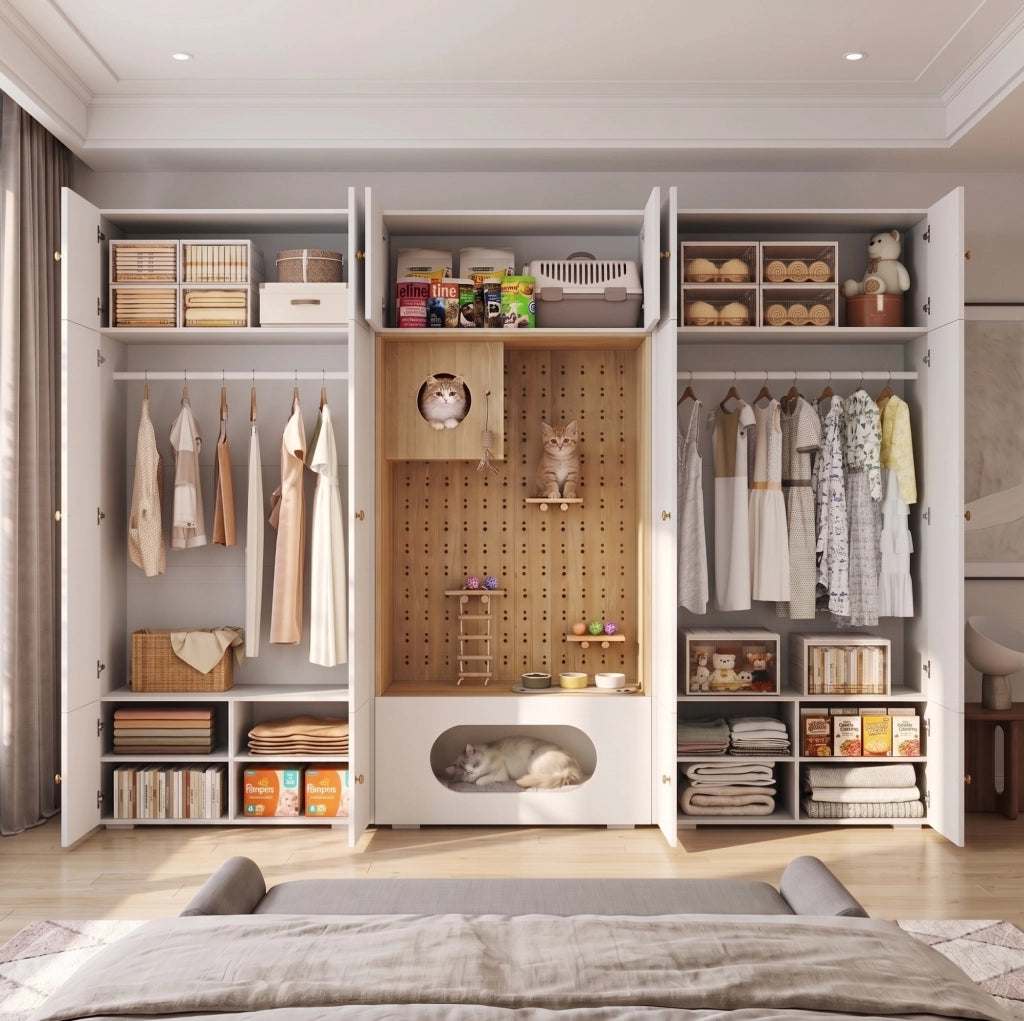 Armadio guardaroba 270x50x200 cm con area per gatti in truciolare bianco e legno
