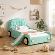 Letto per bambini a forma di auto con scivolo e scala 90x200 cm in velluto blu-verde