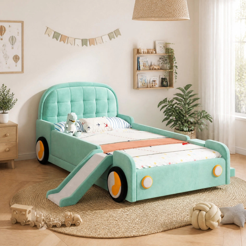 Letto per bambini a forma di auto con scivolo e scala 90x200 cm in velluto blu-verde