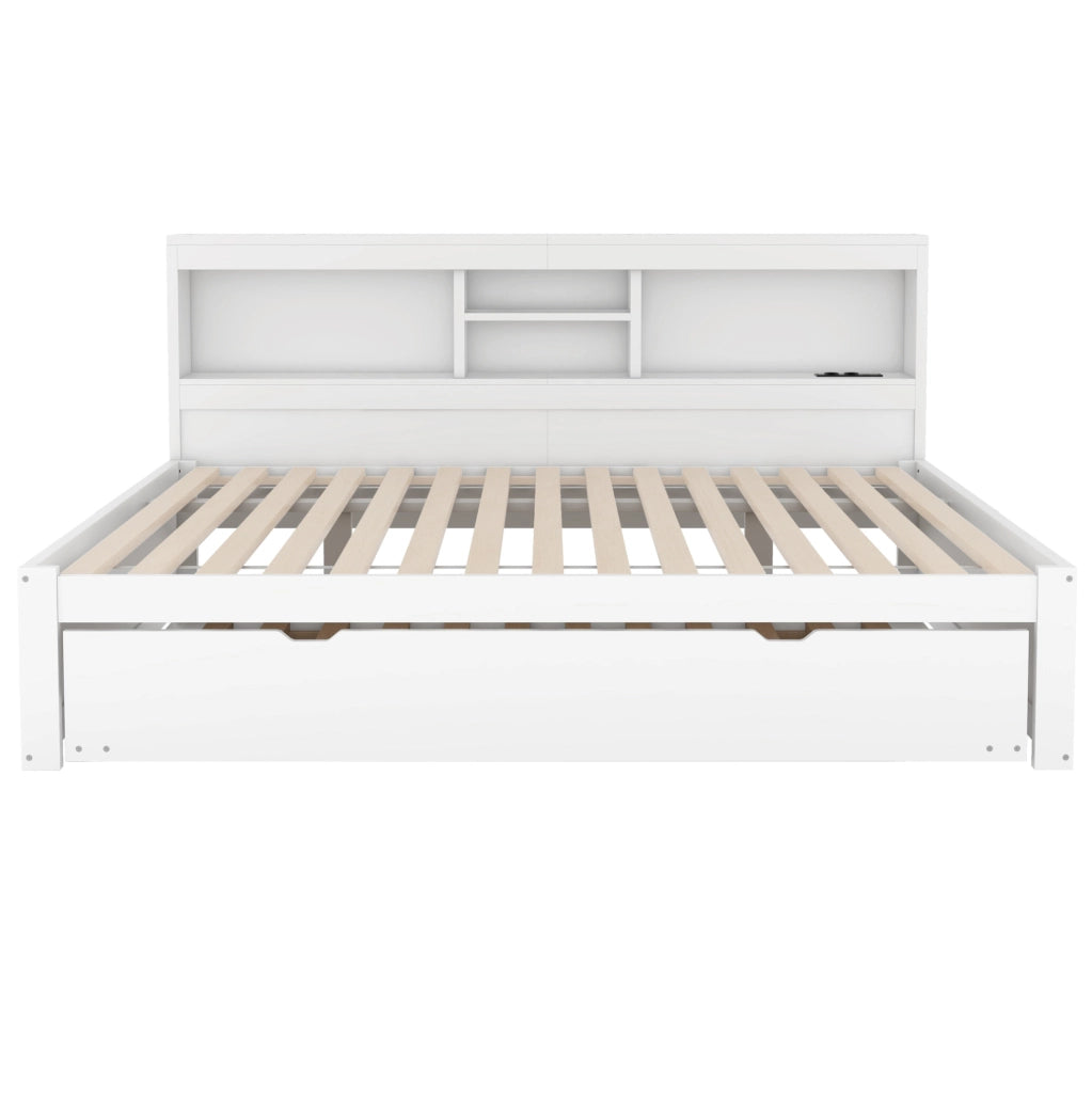 LETTO estraibile 140x200 cm bianco con LED, presa, USB e vano laterale