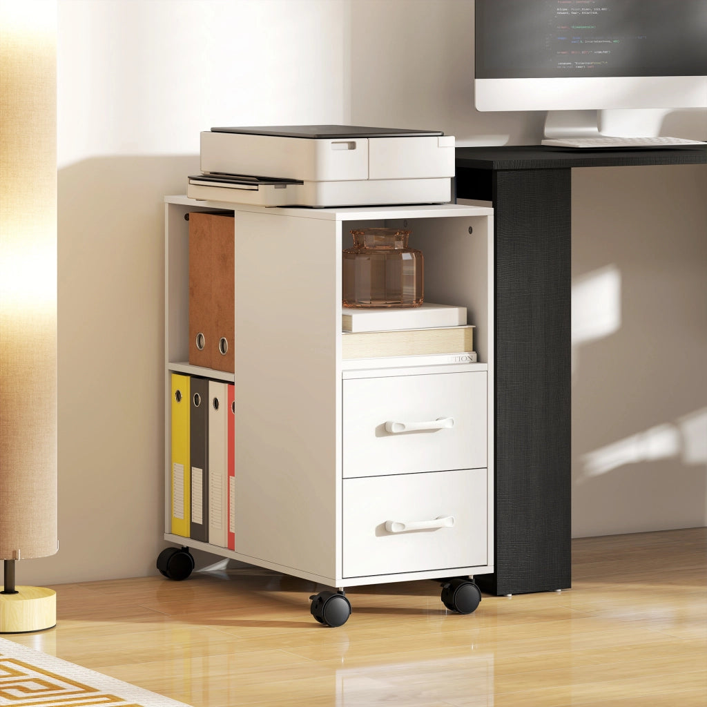 Mobile per Stampante in Legno Bianco 60x30x65 cm, Carrello con 2 Cassetti, Ripiano Regolabile e Ruote, Pratico e Salvaspazio per Casa e Ufficio