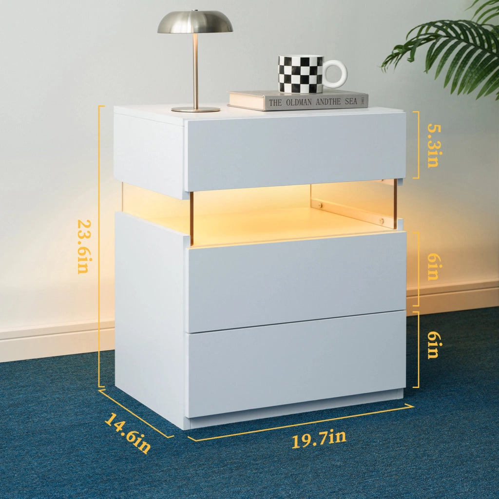 Comodino LED con 3 Cassetti e Pannello in Acrilico Bianco per Camera da Letto e Soggiorno