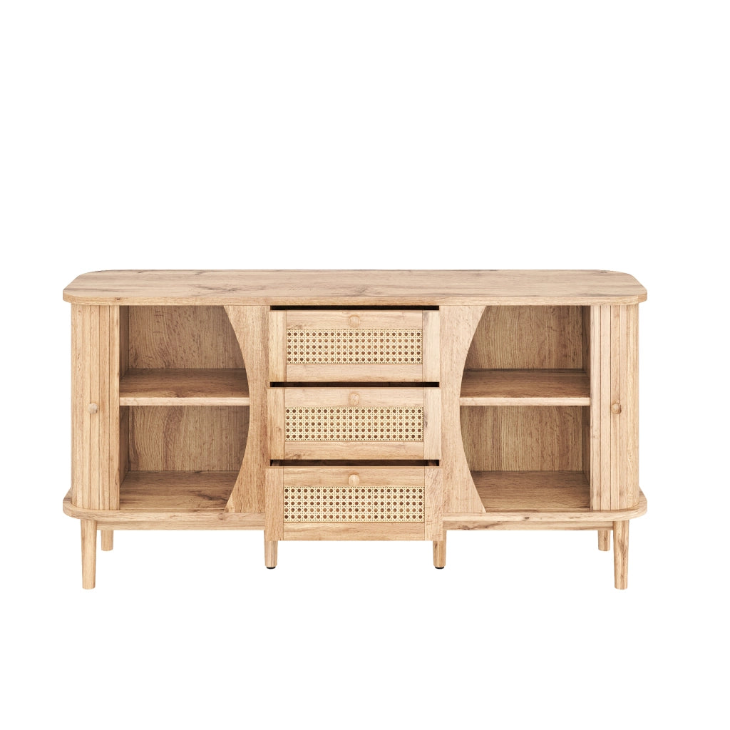Credenza con 3 cassetti in rattan e ante scorrevoli, ripiani regolabili per soggiorno e ingresso, naturale, 140.5 × 40 × 76 cm