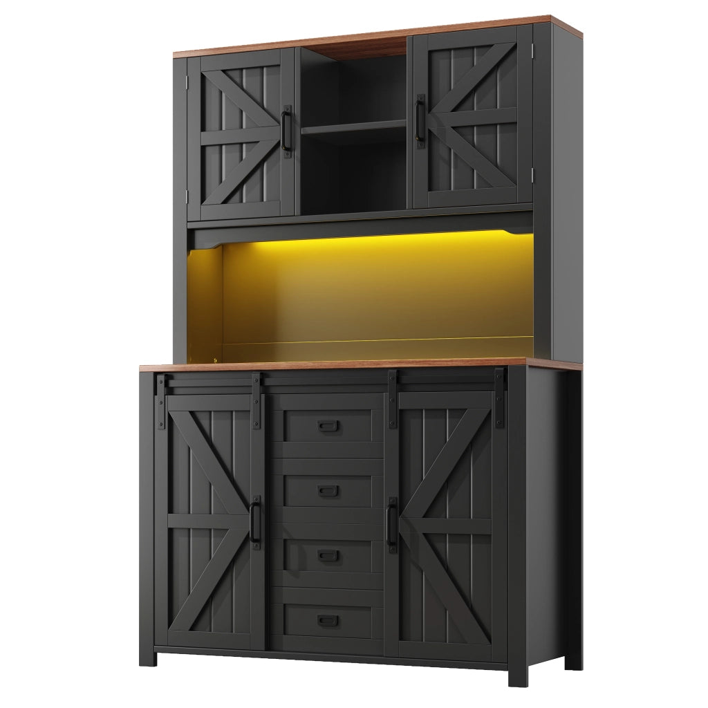 OKWISH Credenza alta da cucina con ante scorrevoli e 2 cassetti, ripiani regolabili e LED, per cucina, 115 × 40 × 174,7 cm