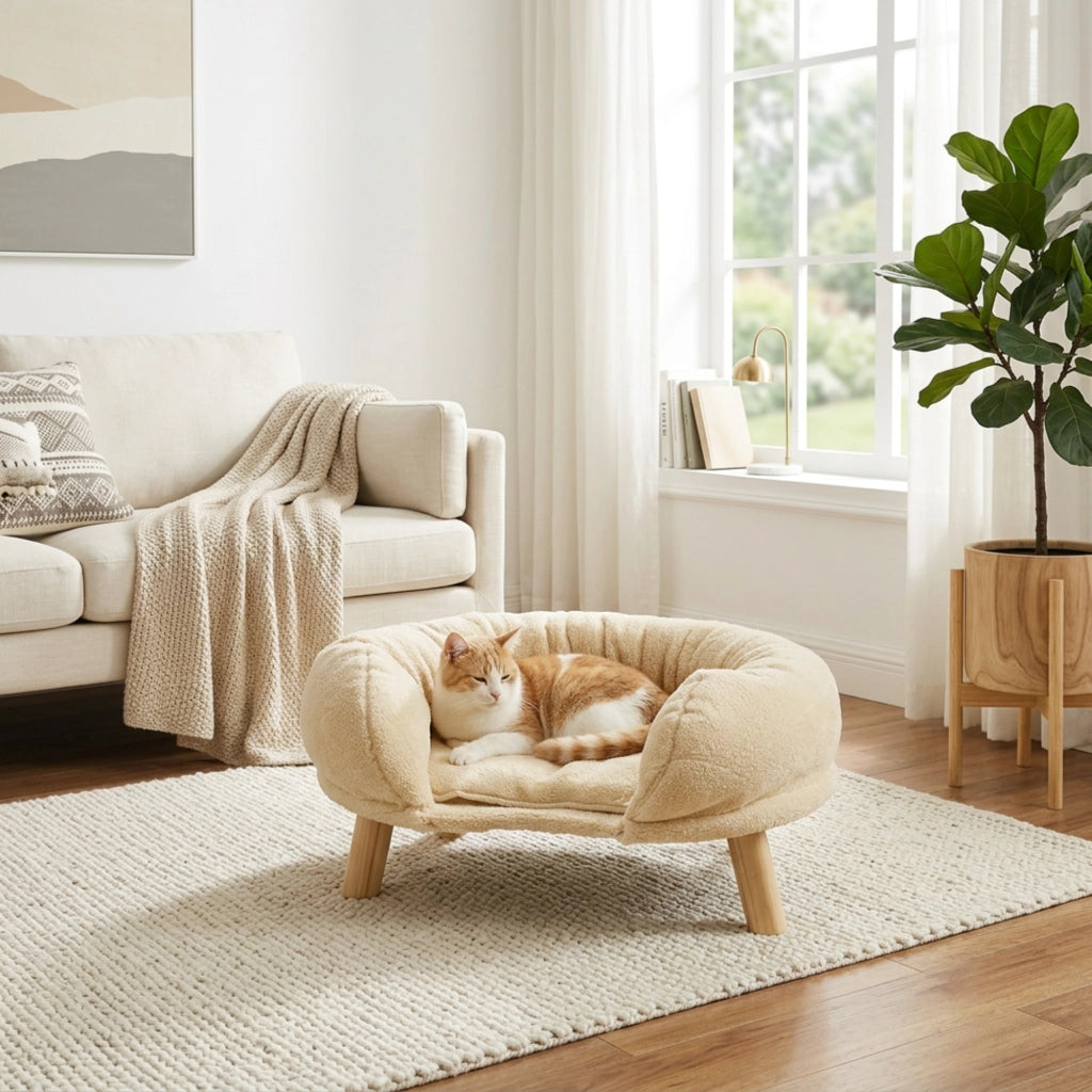 Divano per gatti in poliestere beige con bordi rialzati; base antiscivolo e struttura silenziosa 50 × 40 × 12.5 cm