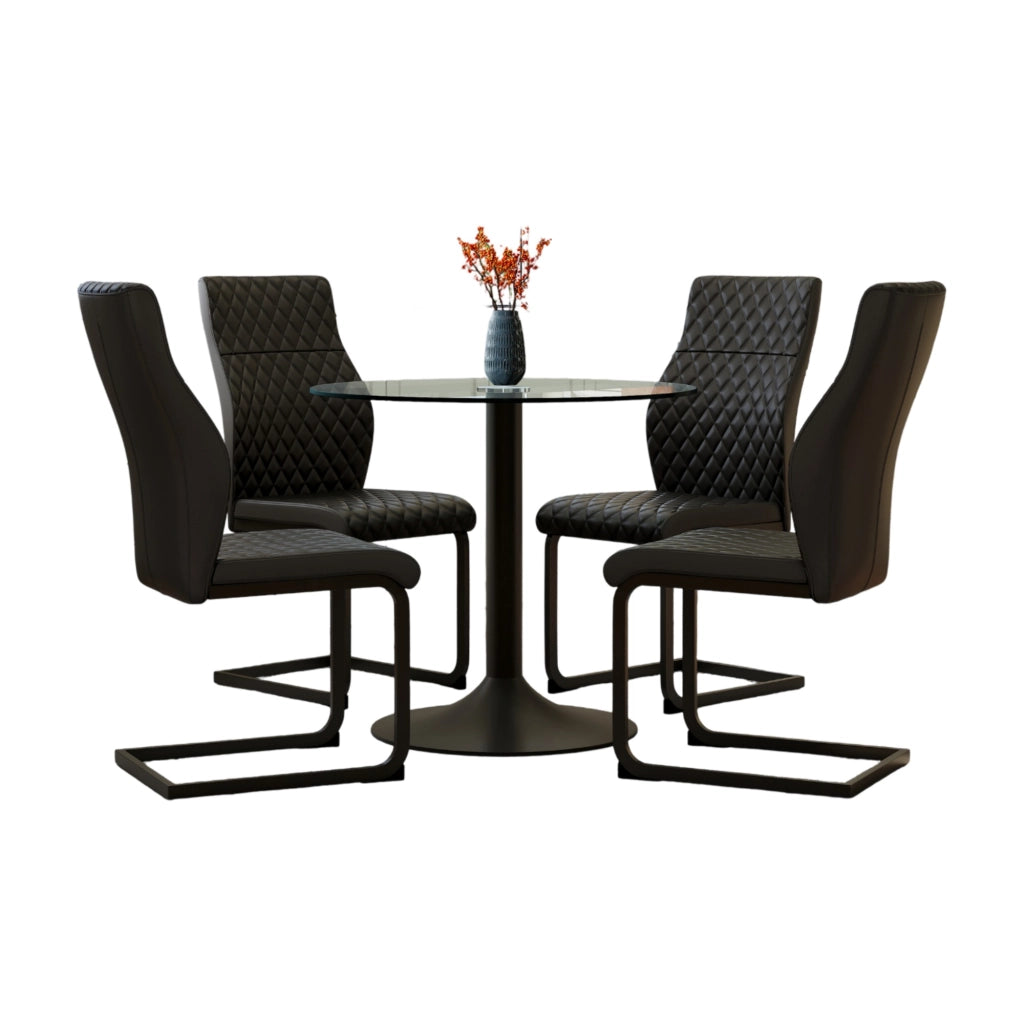 Set tavolo rotondo 85 cm in vetro trasparente, 4 sedie PU nere
