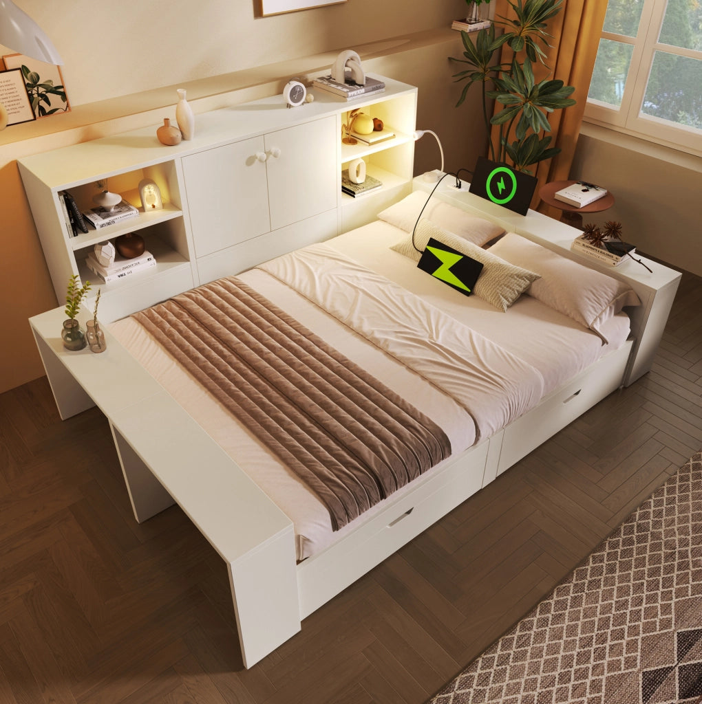 Letto matrimoniale 140x200 cm con cassetti; vano contenitore e prese USB/USB-C bianco HOMVRA