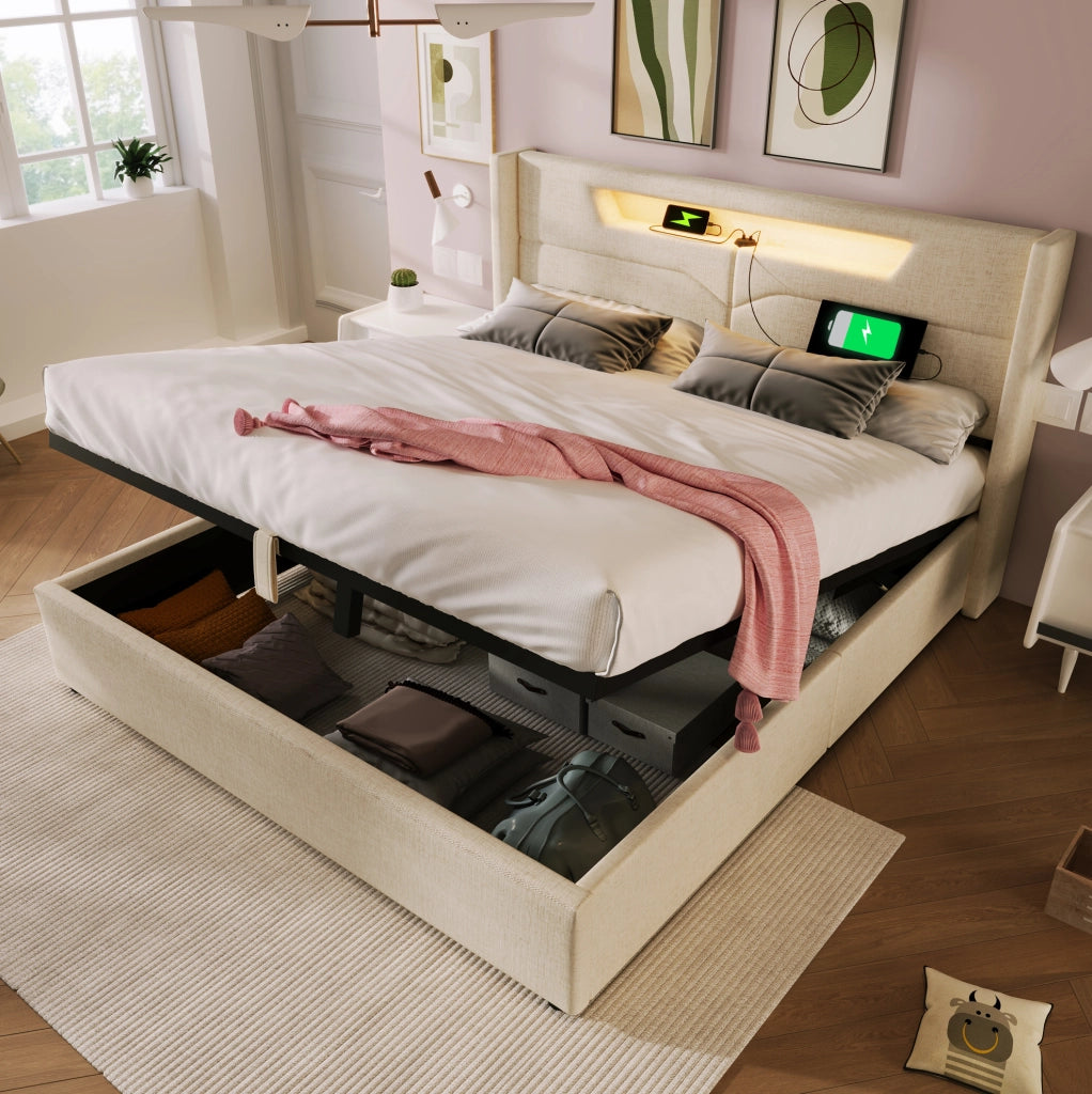 Letto matrimoniale imbottito con LED, USB e spazio contenitivo