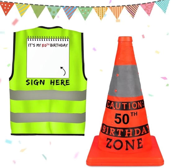 Kit di sicurezza a forma di cono 2 pezzi - Regalo di compleanno per uomo - Giacca riflettente neon verde - Decorazione per feste - Regalo unico - Combinazione creativa
